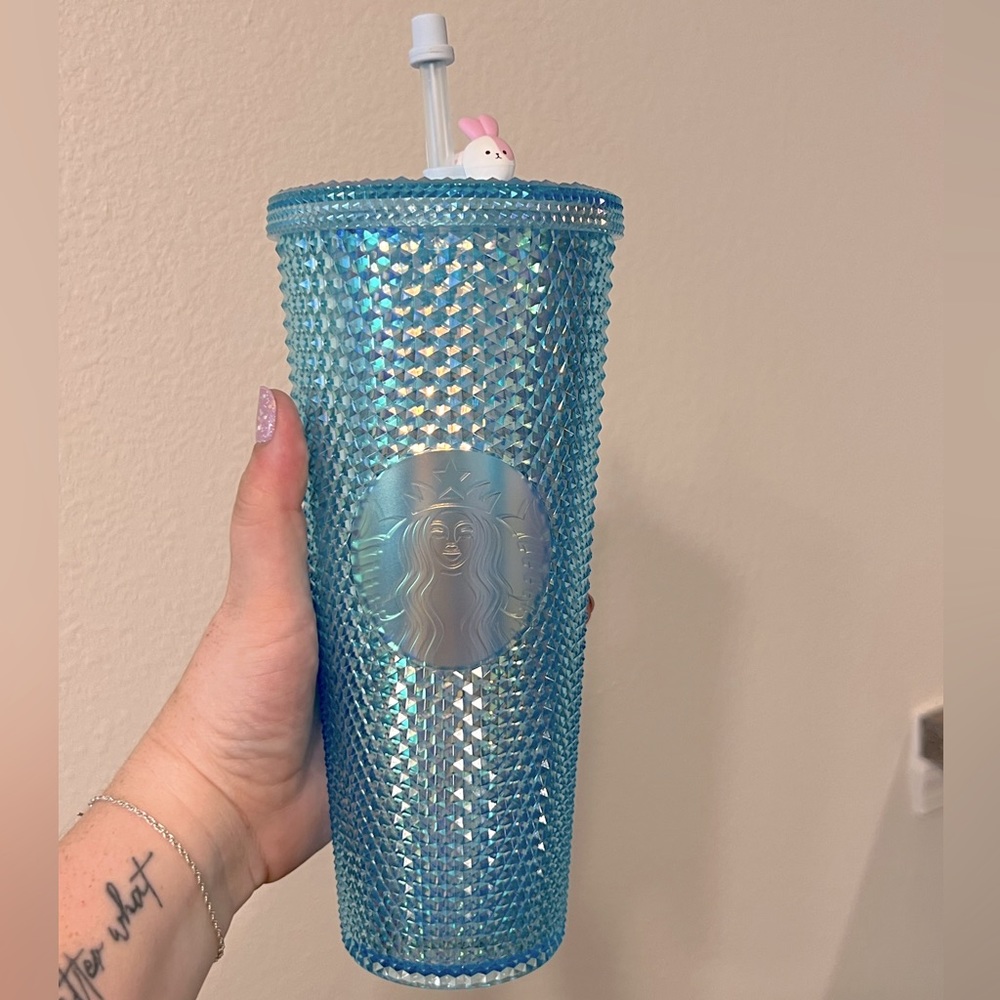 RARE Starbucks 24oz China Blue Iridescent Studded Tumbler with Bunny Topper